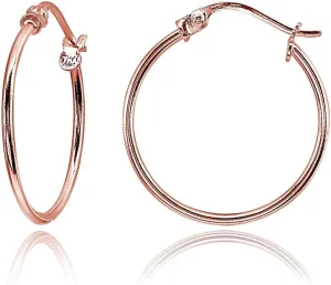 "Rose Gold Flashed Sterling Silver Tiny or Small High Polished Round Thin Lightweight Unisex Click-Top Hoop Earrings, Choose a Size"