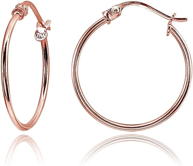 "Rose Gold Flashed Sterling Silver Tiny or Small High Polished Round Thin Lightweight Unisex Click-Top Hoop Earrings, Choose a Size"