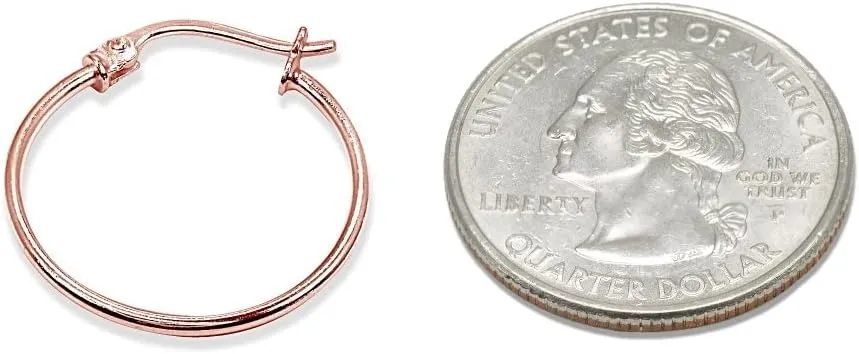 "Rose Gold Flashed Sterling Silver Tiny or Small High Polished Round Thin Lightweight Unisex Click-Top Hoop Earrings, Choose a Size"