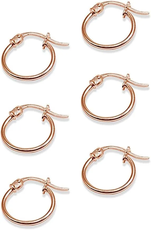 "Rose Gold Flashed Sterling Silver Tiny or Small High Polished Round Thin Lightweight Unisex Click-Top Hoop Earrings, Choose a Size"