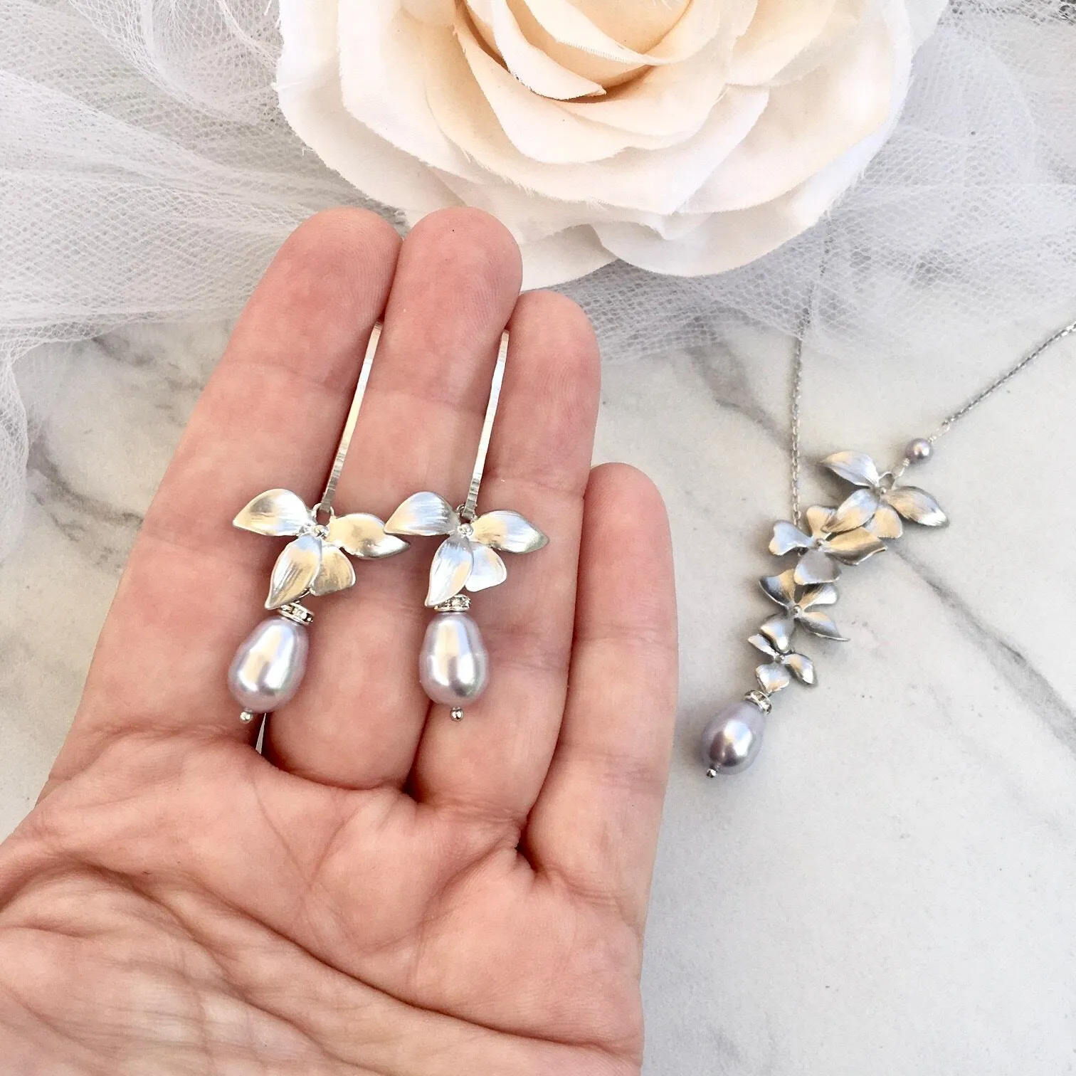 "Wild Orchid" - Pearl and Sterling Silver Bridal Jewelry Set - More Colors
