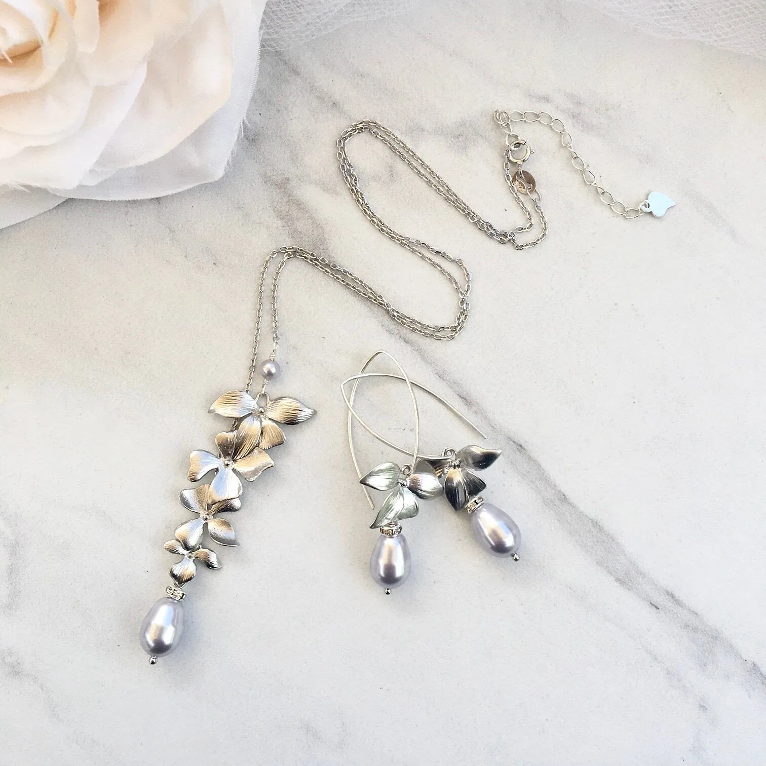 "Wild Orchid" - Pearl and Sterling Silver Bridal Jewelry Set - More Colors