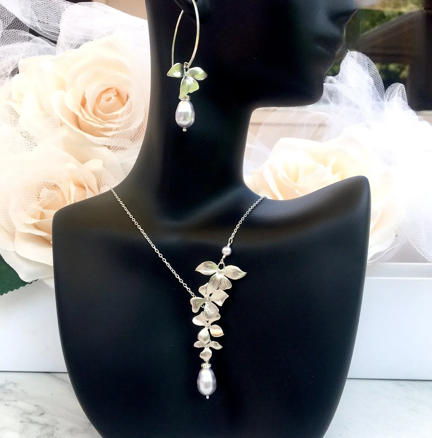 "Wild Orchid" - Pearl and Sterling Silver Bridal Jewelry Set - More Colors