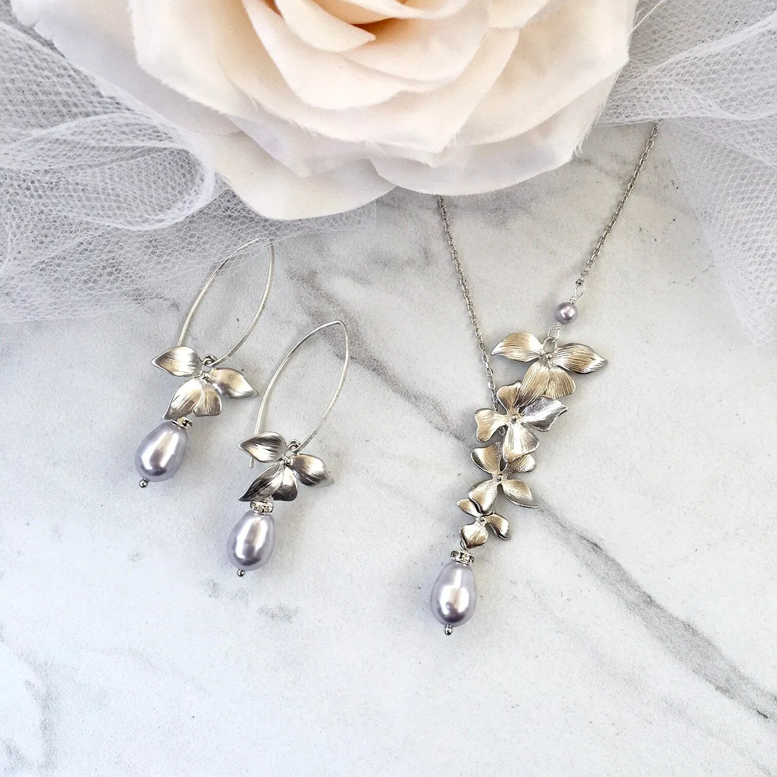 "Wild Orchid" - Pearl and Sterling Silver Bridal Jewelry Set - More Colors