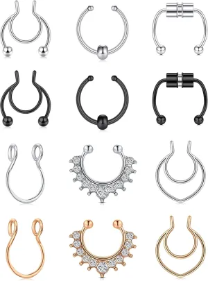 QWALIT Fake Nose Rings & Septum Piercings - Clip On, Non-Piercing, Faux Nose Rings & Hoops for Women & Men