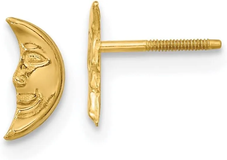 Real 14k Yellow Gold Moon face Post Studs Earrings - 8mm x 4mm