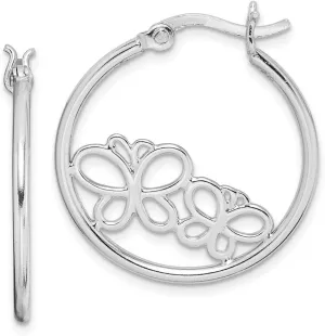 Real 925 Sterling Silver Double Butterfly Hoop Hinged Earrings 24mm