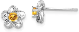 Real 925 Sterling Silver Flower Floral Citrine Yellow November Gemstone Post Studs Earrings - 14mm x 8mm