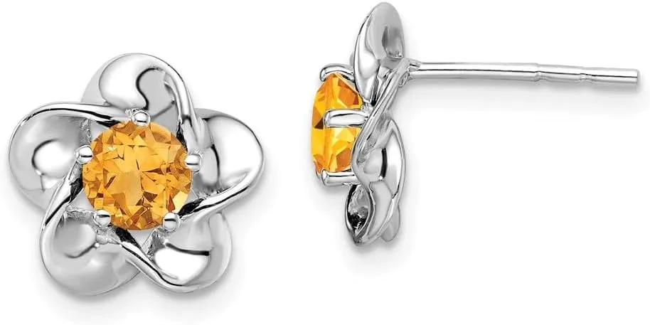 Real 925 Sterling Silver Flower Floral Citrine Yellow November Gemstone Post Studs Earrings - 15mm x 9mm