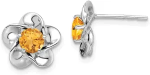 Real 925 Sterling Silver Flower Floral Citrine Yellow November Gemstone Post Studs Earrings - 15mm x 9mm