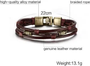 Red Brown Leather Rope Men's Jewelry Woven Bronze Metal Bracelet Boy Accessories (22CM)