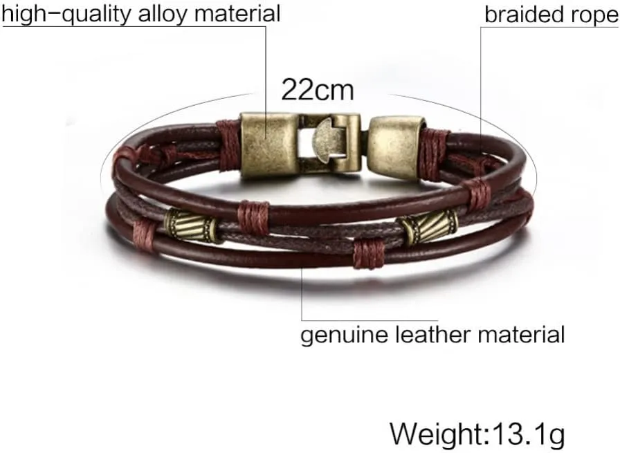 Red Brown Leather Rope Men's Jewelry Woven Bronze Metal Bracelet Boy Accessories (22CM)