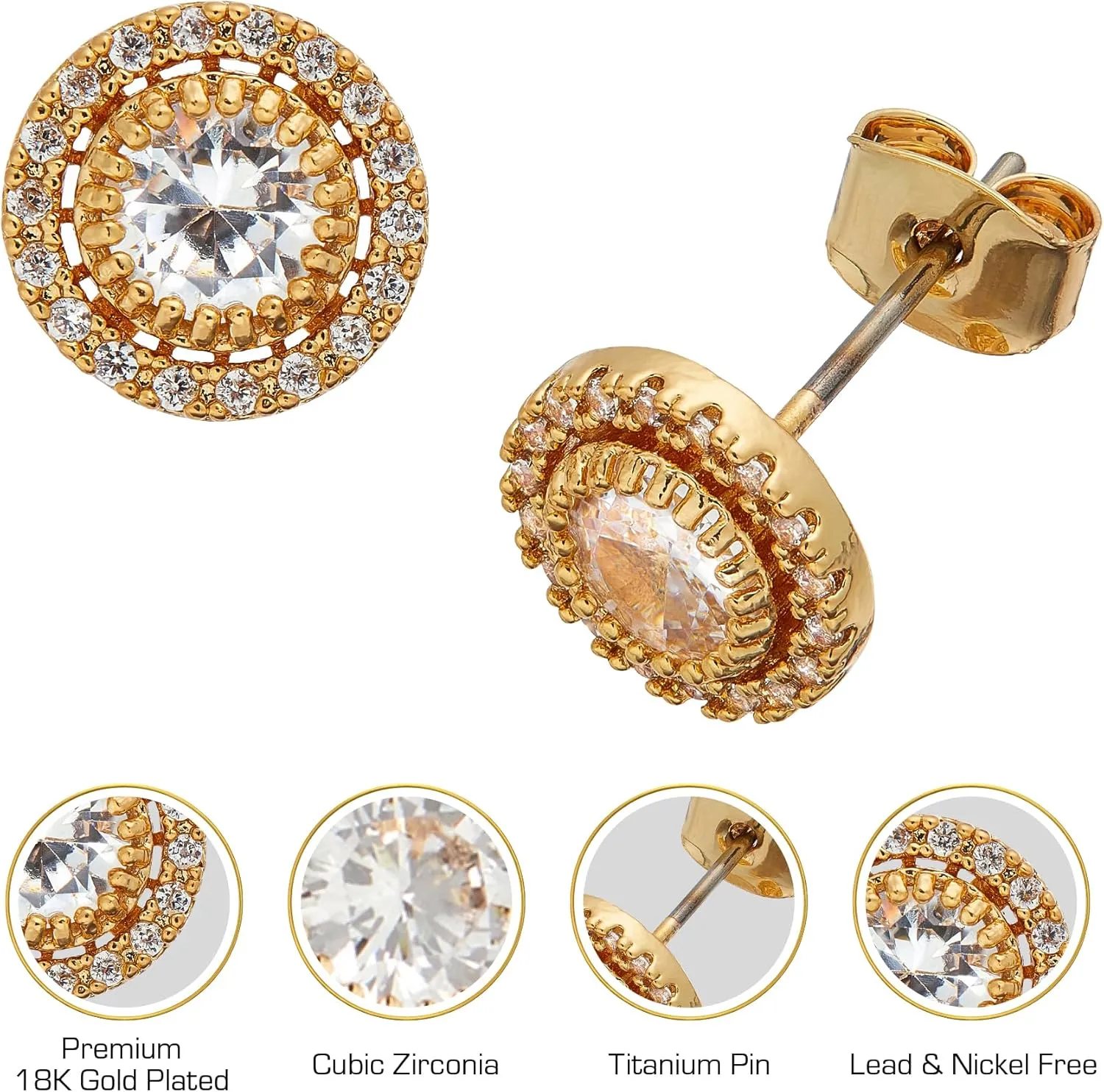 RED By Kiss Premium 18K Gold Plated CZ Stud Earrings, Hypoallergenic Titanium Comfort Post, Luxury Cubic Zirconia Diamond Earring, Lead & Nickel Free, Made in Korea