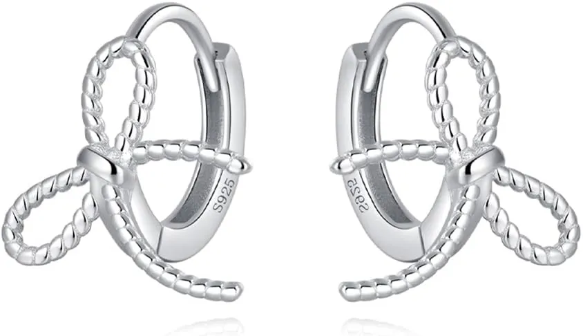 Reffeer Solid 925 Sterling Silver Bow Hoop Earrings Ribbon for Women Teens Bowknot Hoop Earrings Huggie Cartilage Helix Earrings