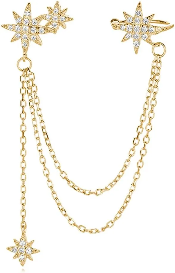 Reffeer Solid 925 Sterling Silver Star Cuff Chain Earrings for Women CZ Star Wrap Earrings Tassel Chain (B-18K Gold)