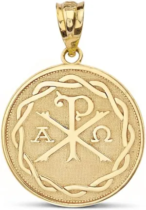 Religious Jewelry 14k Yellow Gold Chi Rho Alpha Omega Symbol Medallion Round Pendant