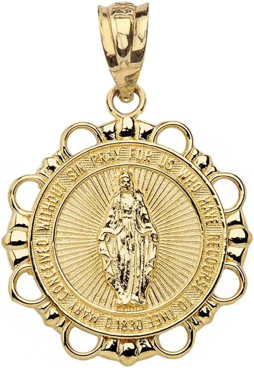 Religious Jewelry 14k Yellow Gold Miraculous Medal Of Blessed Virgin Mary Round Pendant