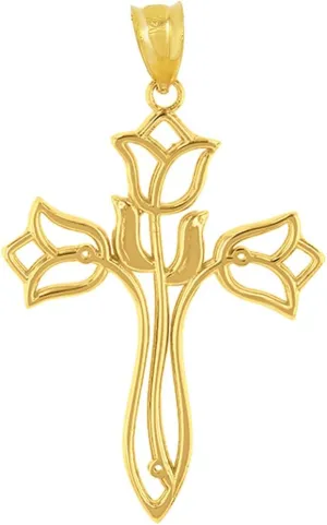 Religious Jewelry Beautiful 10k Yellow Gold Floral Tulip Cross Necklace Pendant