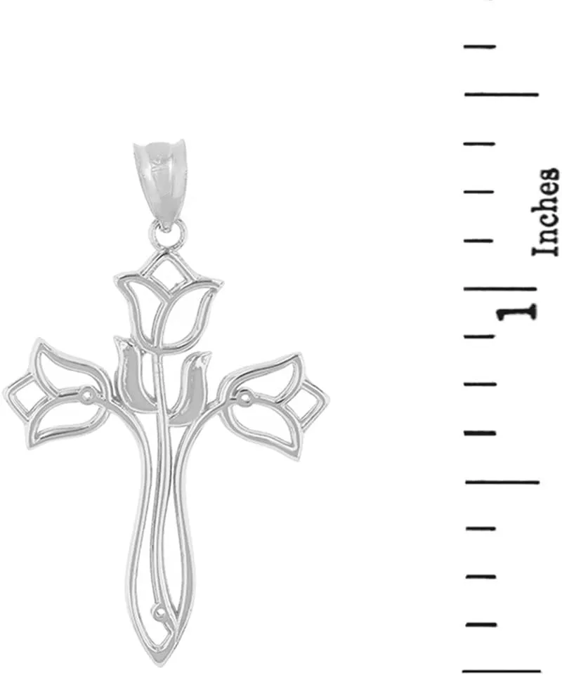 Religious Jewelry Beautiful .925 Sterling Silver Floral Tulip Cross Pendant Necklace - Choice of Pendant Only or Chain Length