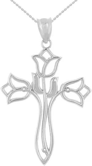 Religious Jewelry Beautiful .925 Sterling Silver Floral Tulip Cross Pendant Necklace - Choice of Pendant Only or Chain Length