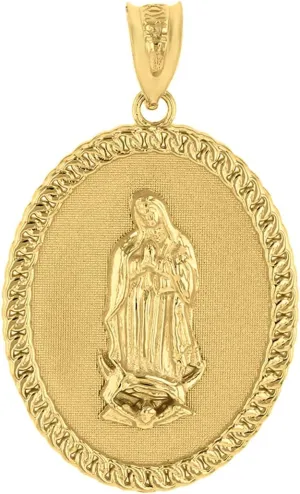 Religious Jewelry Certified 10k Yellow Gold Blessed Our Lady Of Guadalupe Miraculous Oval Medal Pendant, 1.29"