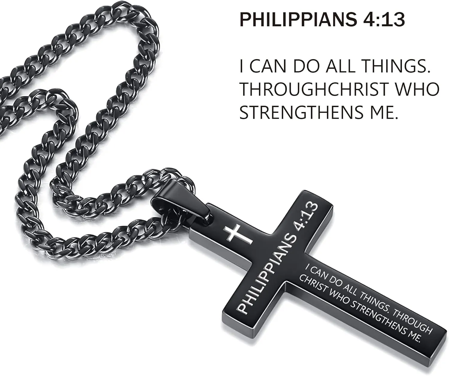 REVEMCN Inspirational Bible Verse Cross Necklace for Men Boys, Stainless Steel Plain Black Silver Cross Pendant Necklace for Men 20-24 Inches Curb Chain Faith Jewelry Gift