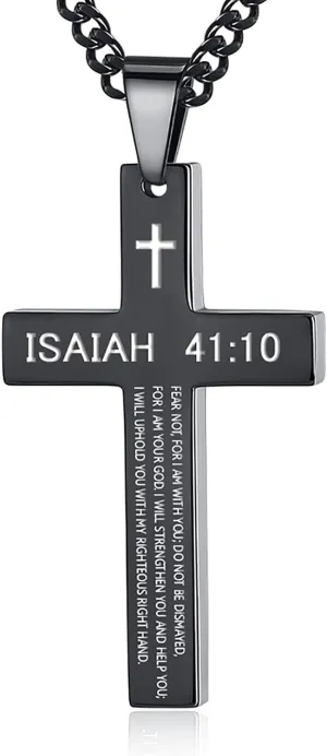 REVEMCN Inspirational Bible Verse Cross Necklace for Men Boys, Stainless Steel Plain Black Silver Cross Pendant Necklace for Men 20-24 Inches Curb Chain Faith Jewelry Gift