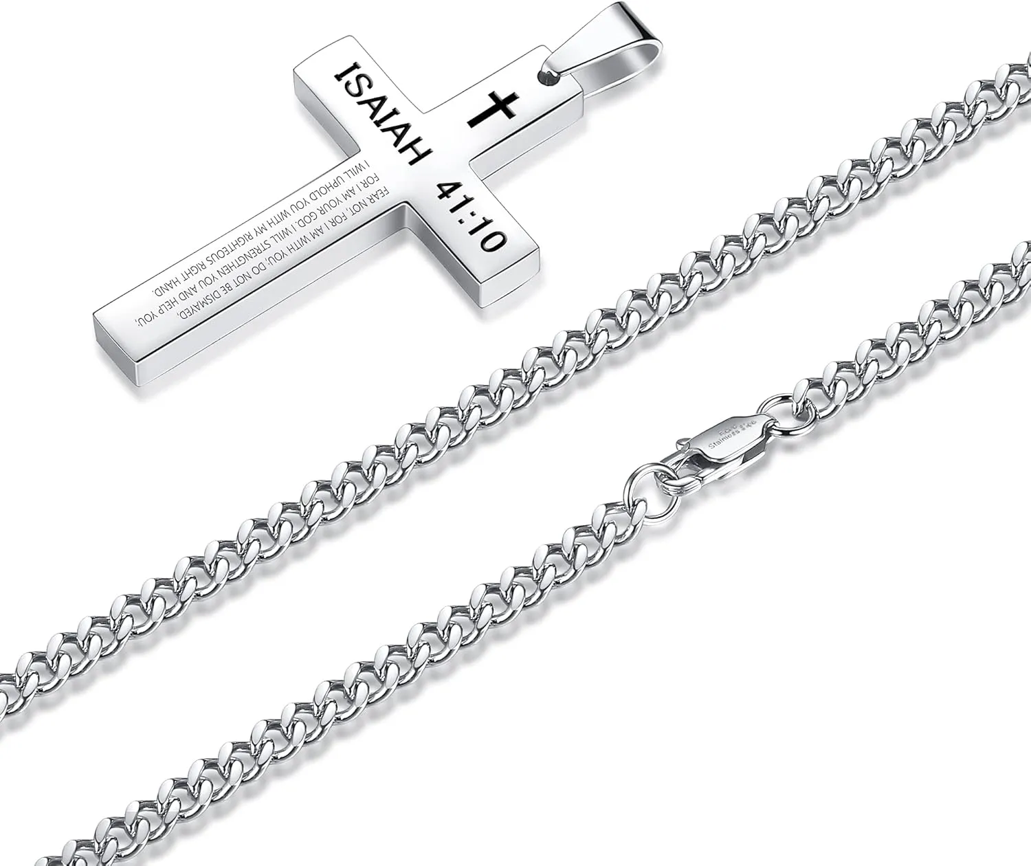 REVEMCN Inspirational Bible Verse Cross Necklace for Men Boys, Stainless Steel Plain Black Silver Cross Pendant Necklace for Men 20-24 Inches Curb Chain Faith Jewelry Gift