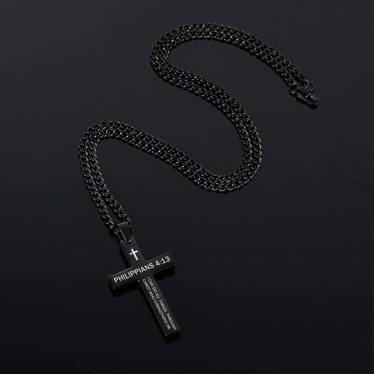 REVEMCN Inspirational Bible Verse Cross Necklace for Men Boys, Stainless Steel Plain Black Silver Cross Pendant Necklace for Men 20-24 Inches Curb Chain Faith Jewelry Gift