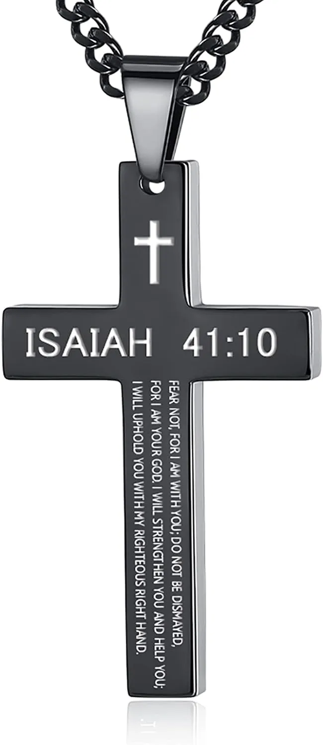 REVEMCN Inspirational Bible Verse Cross Necklace for Men Boys, Stainless Steel Plain Black Silver Cross Pendant Necklace for Men 20-24 Inches Curb Chain Faith Jewelry Gift