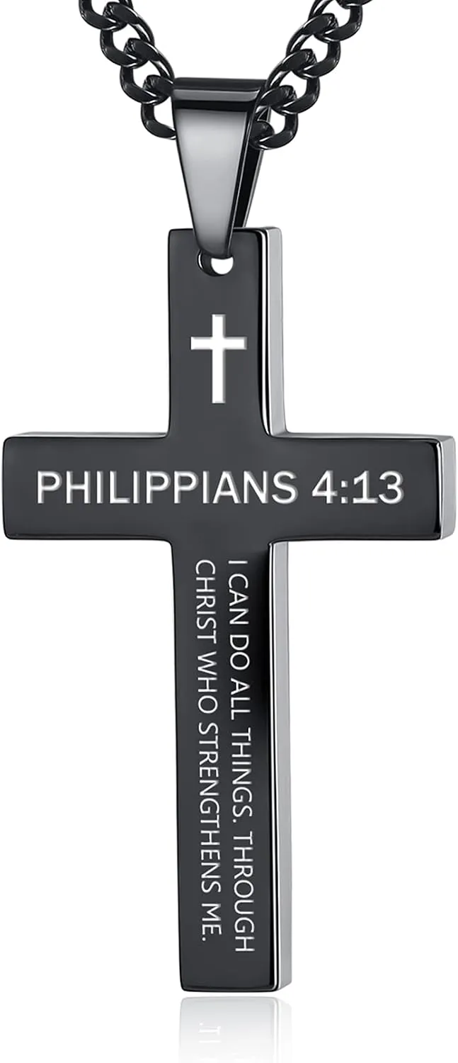 REVEMCN Inspirational Bible Verse Cross Necklace for Men Boys, Stainless Steel Plain Black Silver Cross Pendant Necklace for Men 20-24 Inches Curb Chain Faith Jewelry Gift