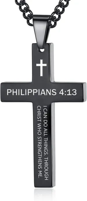 REVEMCN Inspirational Bible Verse Cross Necklace for Men Boys, Stainless Steel Plain Black Silver Cross Pendant Necklace for Men 20-24 Inches Curb Chain Faith Jewelry Gift