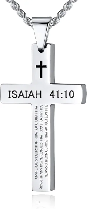 REVEMCN Inspirational Bible Verse Cross Necklace for Men Boys, Stainless Steel Plain Black Silver Cross Pendant Necklace for Men 20-24 Inches Curb Chain Faith Jewelry Gift