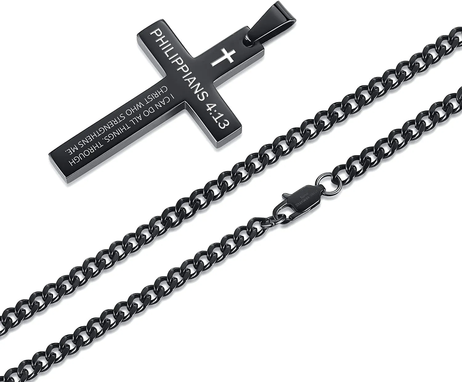 REVEMCN Inspirational Bible Verse Cross Necklace for Men Boys, Stainless Steel Plain Black Silver Cross Pendant Necklace for Men 20-24 Inches Curb Chain Faith Jewelry Gift