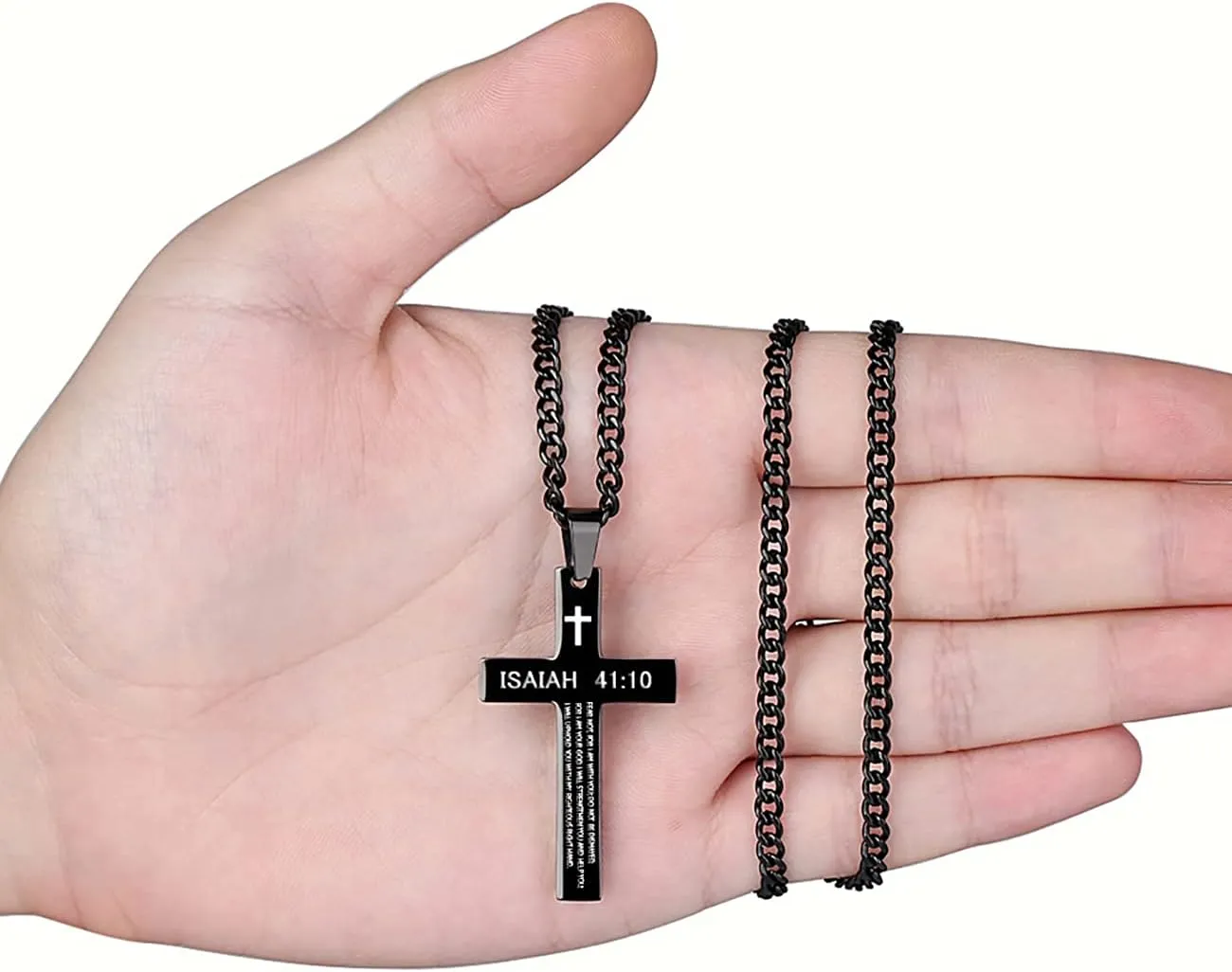 REVEMCN Inspirational Bible Verse Cross Necklace for Men Boys, Stainless Steel Plain Black Silver Cross Pendant Necklace for Men 20-24 Inches Curb Chain Faith Jewelry Gift