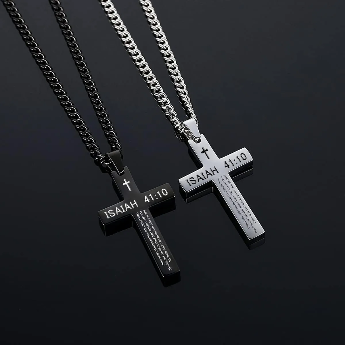 REVEMCN Inspirational Bible Verse Cross Necklace for Men Boys, Stainless Steel Plain Black Silver Cross Pendant Necklace for Men 20-24 Inches Curb Chain Faith Jewelry Gift