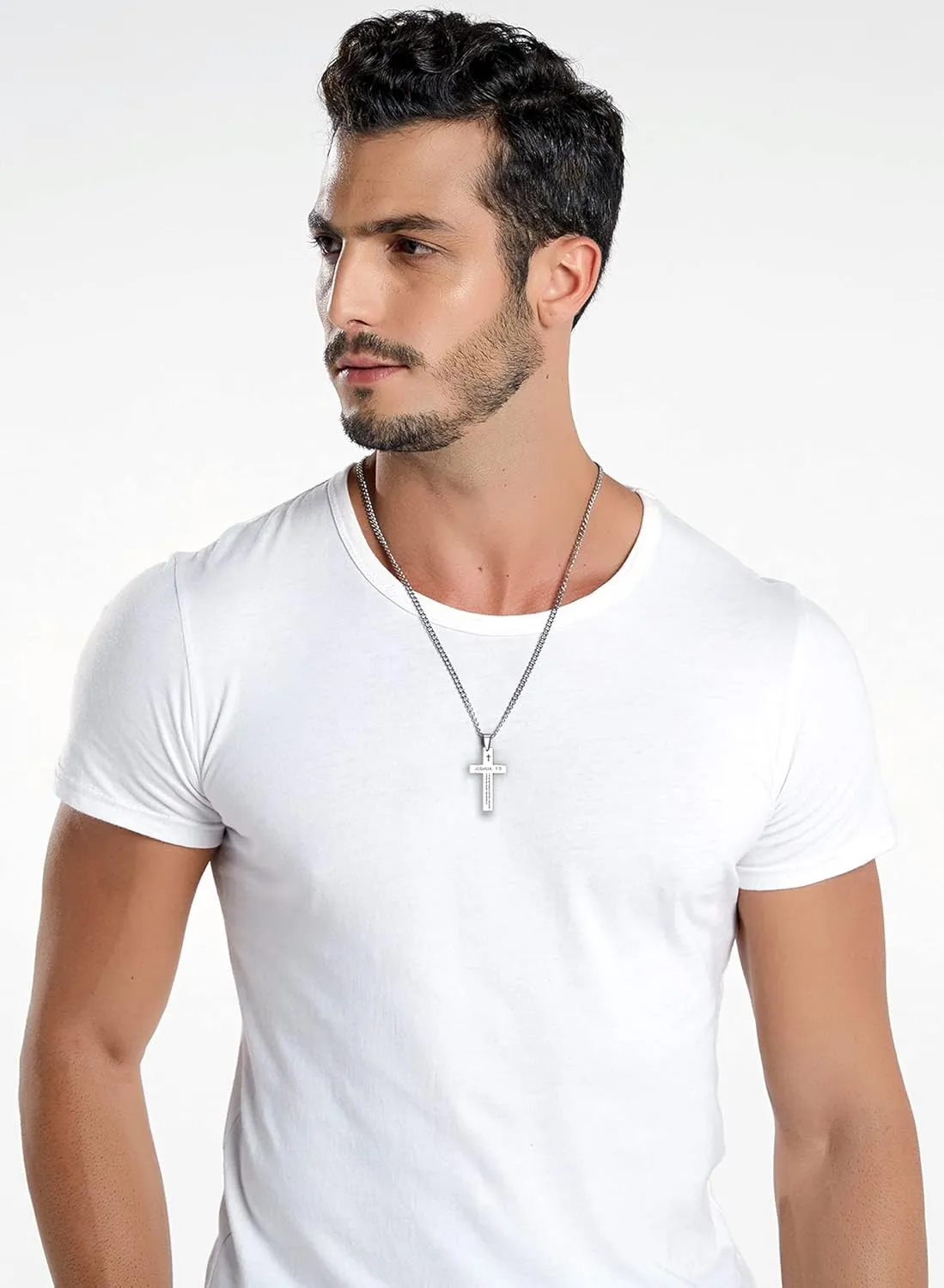 REVEMCN Inspirational Bible Verse Cross Necklace for Men Boys, Stainless Steel Plain Black Silver Cross Pendant Necklace for Men 20-24 Inches Curb Chain Faith Jewelry Gift