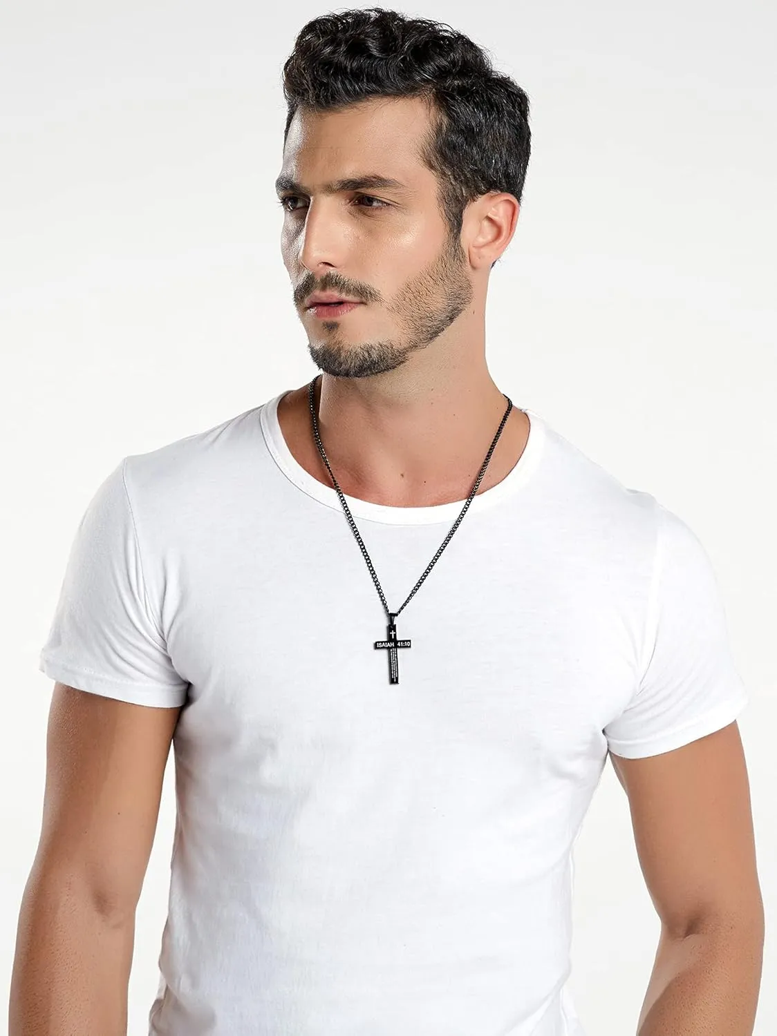 REVEMCN Inspirational Bible Verse Cross Necklace for Men Boys, Stainless Steel Plain Black Silver Cross Pendant Necklace for Men 20-24 Inches Curb Chain Faith Jewelry Gift