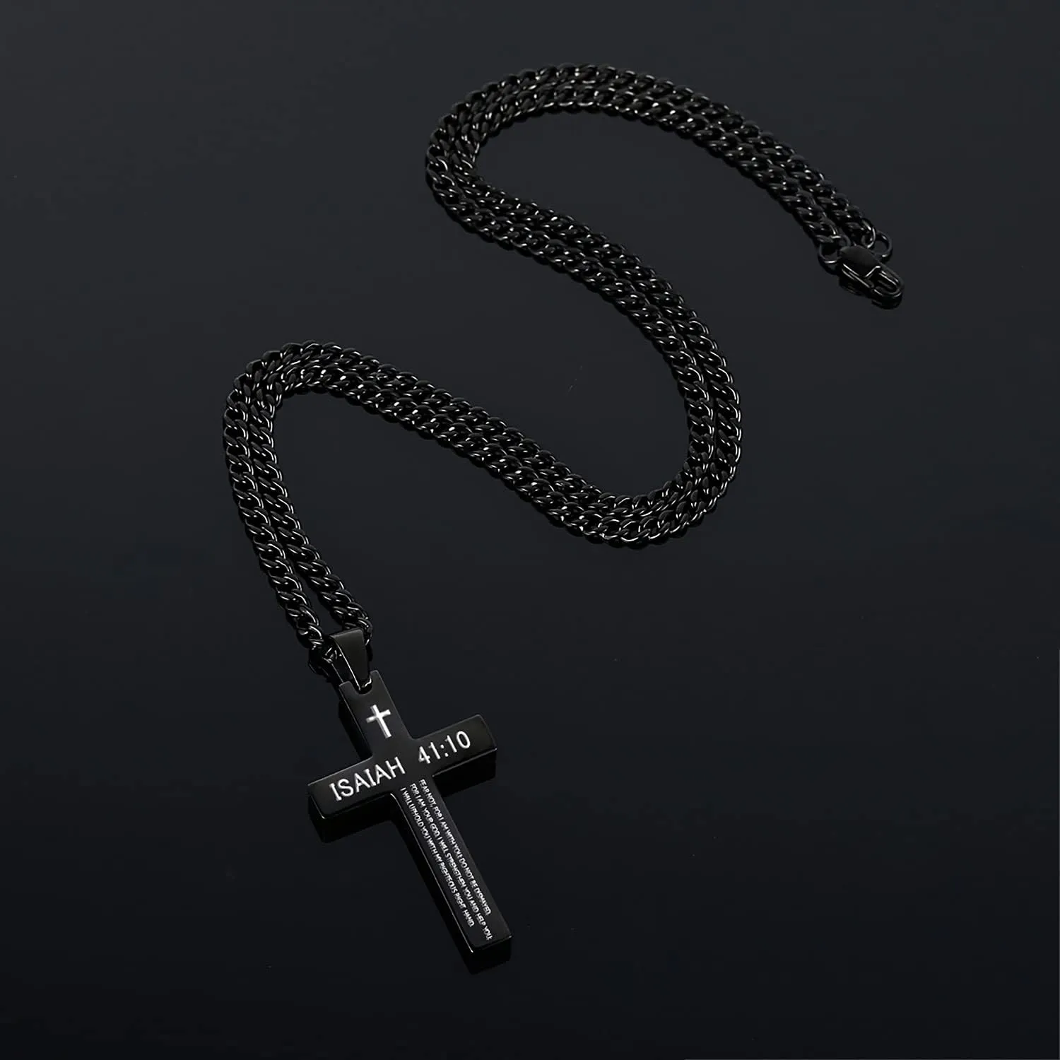 REVEMCN Inspirational Bible Verse Cross Necklace for Men Boys, Stainless Steel Plain Black Silver Cross Pendant Necklace for Men 20-24 Inches Curb Chain Faith Jewelry Gift