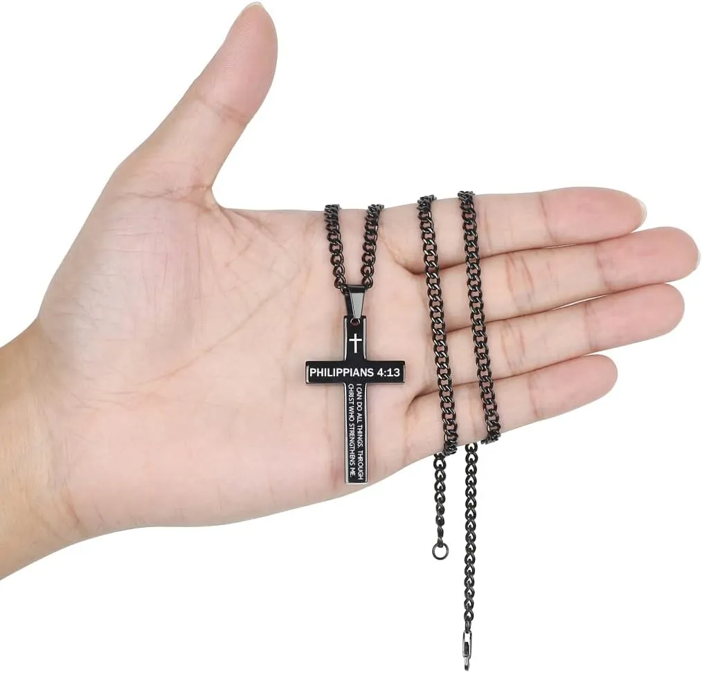 REVEMCN Inspirational Bible Verse Cross Necklace for Men Boys, Stainless Steel Plain Black Silver Cross Pendant Necklace for Men 20-24 Inches Curb Chain Faith Jewelry Gift