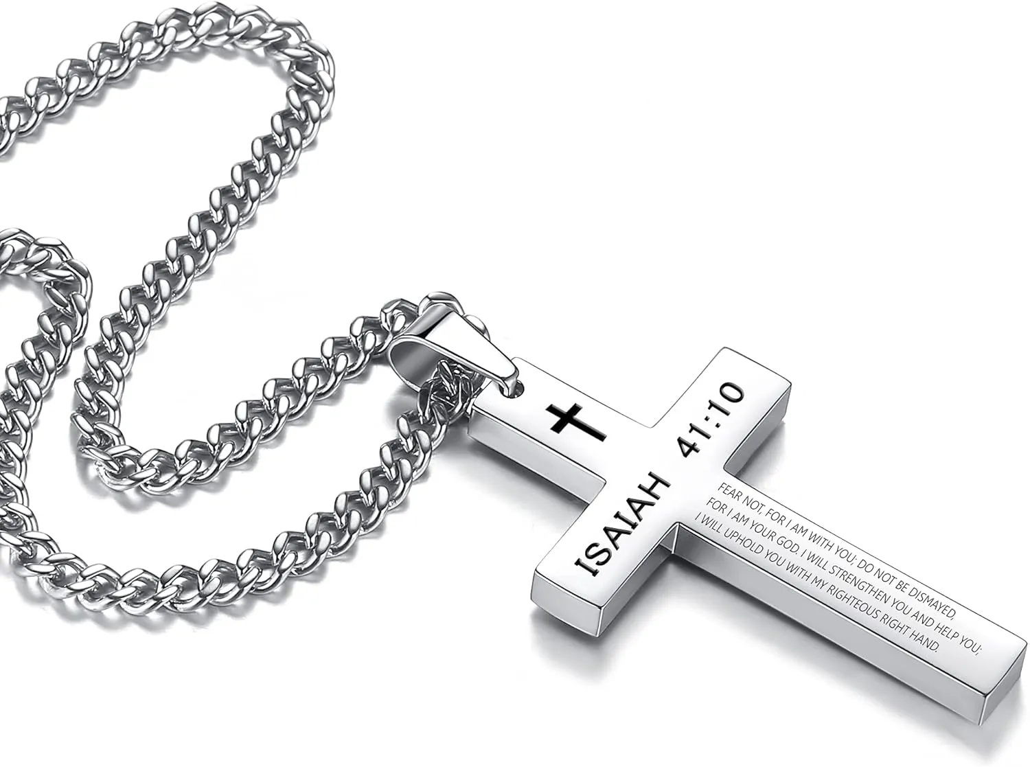 REVEMCN Inspirational Bible Verse Cross Necklace for Men Boys, Stainless Steel Plain Black Silver Cross Pendant Necklace for Men 20-24 Inches Curb Chain Faith Jewelry Gift
