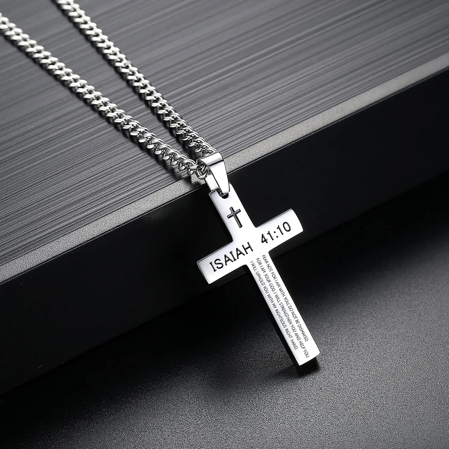 REVEMCN Inspirational Bible Verse Cross Necklace for Men Boys, Stainless Steel Plain Black Silver Cross Pendant Necklace for Men 20-24 Inches Curb Chain Faith Jewelry Gift