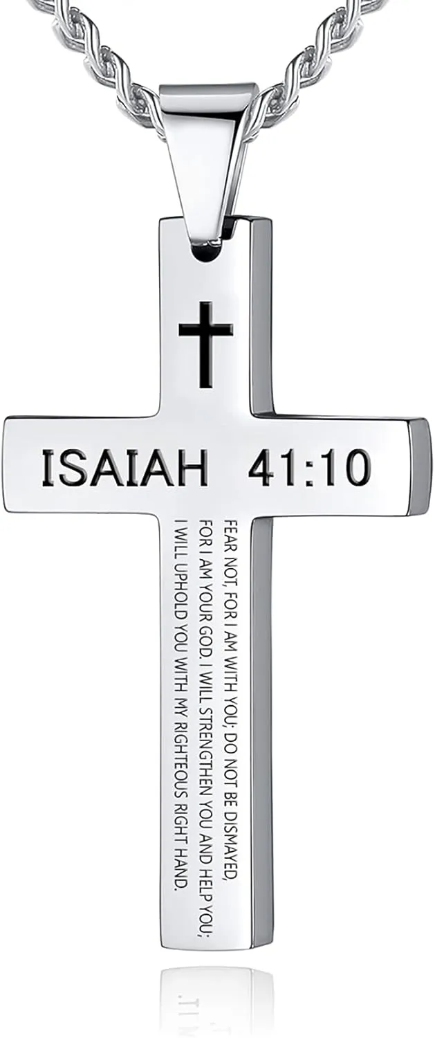 REVEMCN Inspirational Bible Verse Cross Necklace for Men Boys, Stainless Steel Plain Black Silver Cross Pendant Necklace for Men 20-24 Inches Curb Chain Faith Jewelry Gift