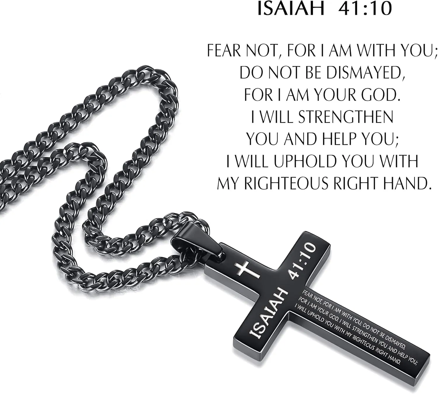 REVEMCN Inspirational Bible Verse Cross Necklace for Men Boys, Stainless Steel Plain Black Silver Cross Pendant Necklace for Men 20-24 Inches Curb Chain Faith Jewelry Gift