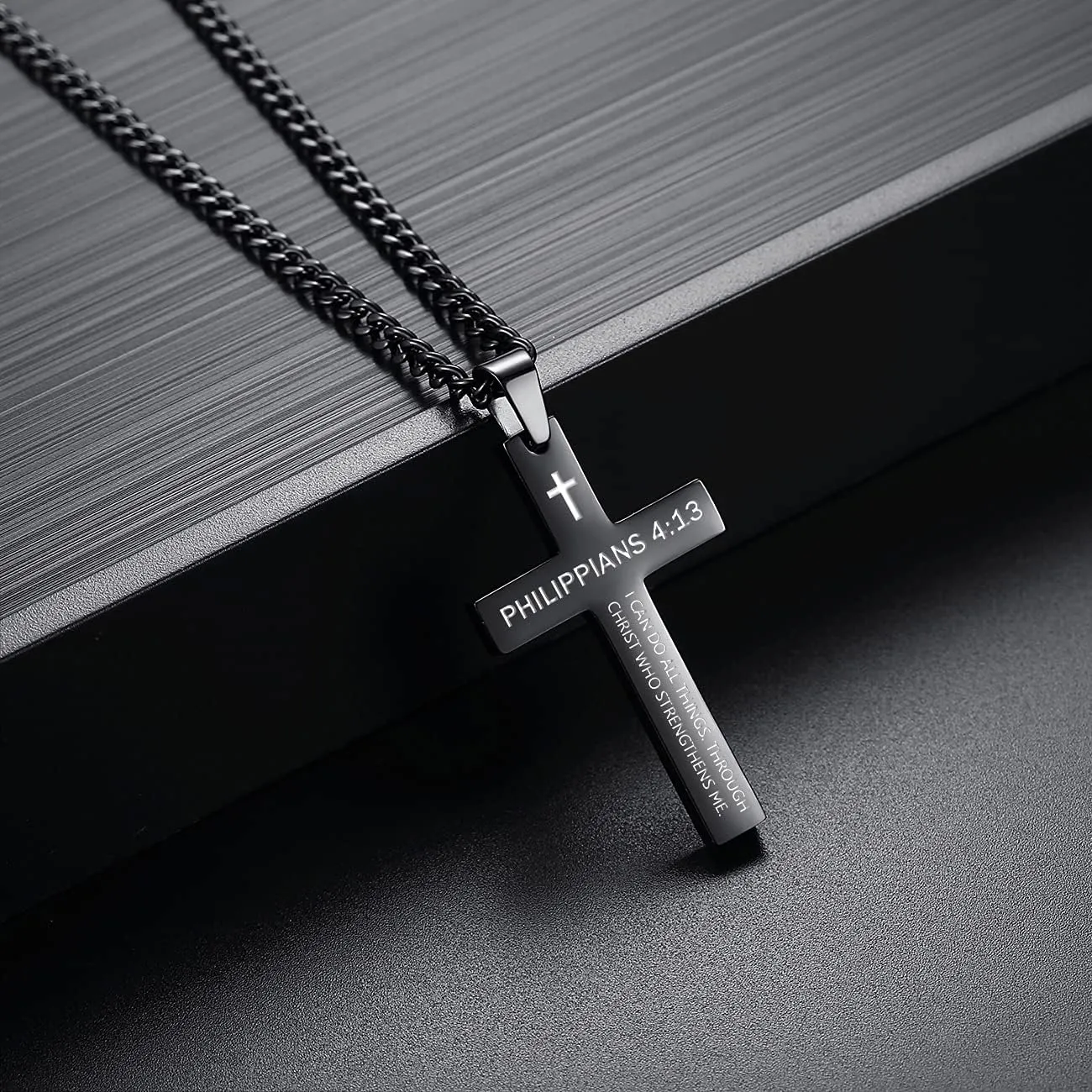 REVEMCN Inspirational Bible Verse Cross Necklace for Men Boys, Stainless Steel Plain Black Silver Cross Pendant Necklace for Men 20-24 Inches Curb Chain Faith Jewelry Gift