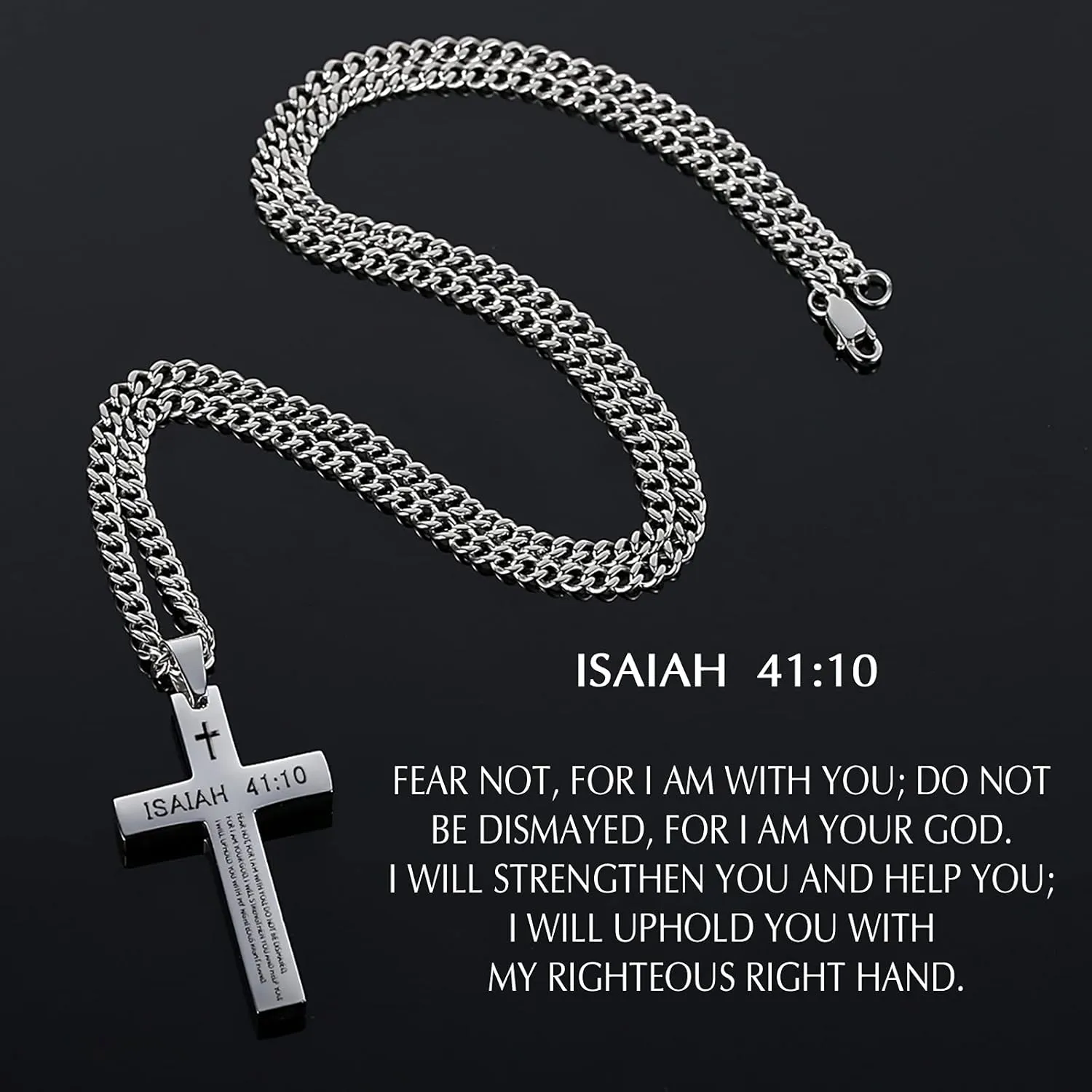 REVEMCN Inspirational Bible Verse Cross Necklace for Men Boys, Stainless Steel Plain Black Silver Cross Pendant Necklace for Men 20-24 Inches Curb Chain Faith Jewelry Gift