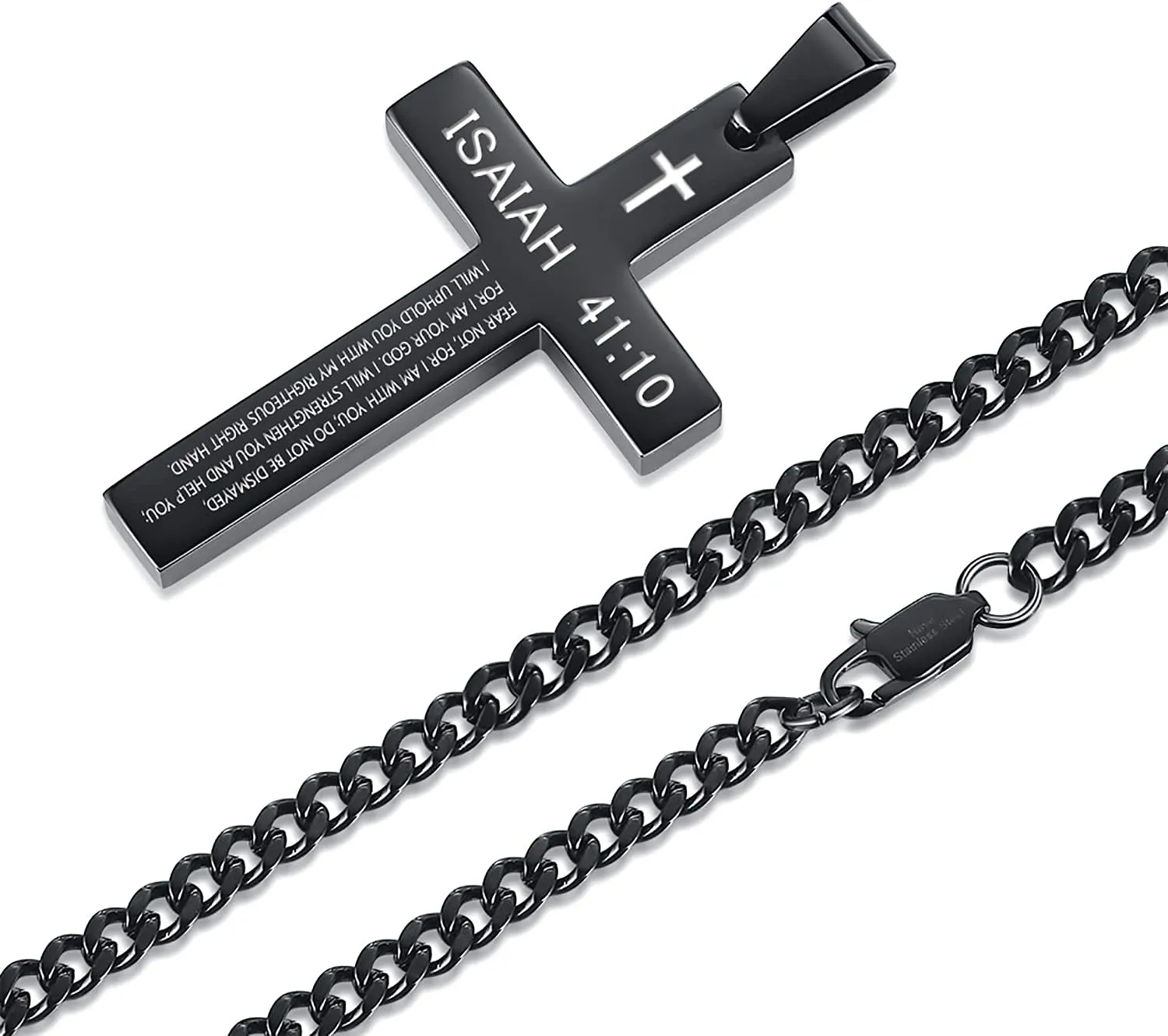 REVEMCN Inspirational Bible Verse Cross Necklace for Men Boys, Stainless Steel Plain Black Silver Cross Pendant Necklace for Men 20-24 Inches Curb Chain Faith Jewelry Gift