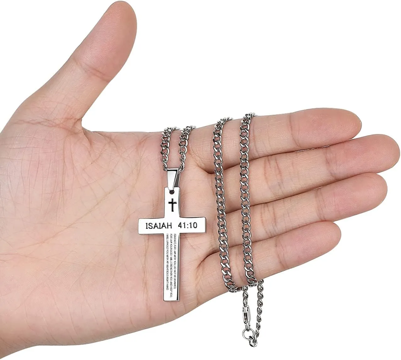 REVEMCN Inspirational Bible Verse Cross Necklace for Men Boys, Stainless Steel Plain Black Silver Cross Pendant Necklace for Men 20-24 Inches Curb Chain Faith Jewelry Gift