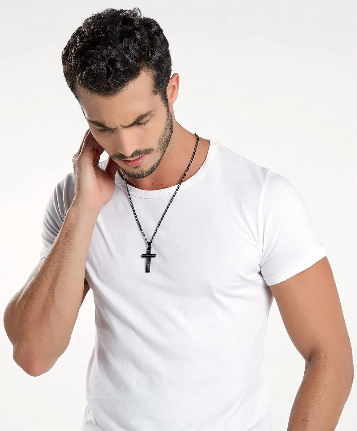 REVEMCN Inspirational Bible Verse Cross Necklace for Men Boys, Stainless Steel Plain Black Silver Cross Pendant Necklace for Men 20-24 Inches Curb Chain Faith Jewelry Gift