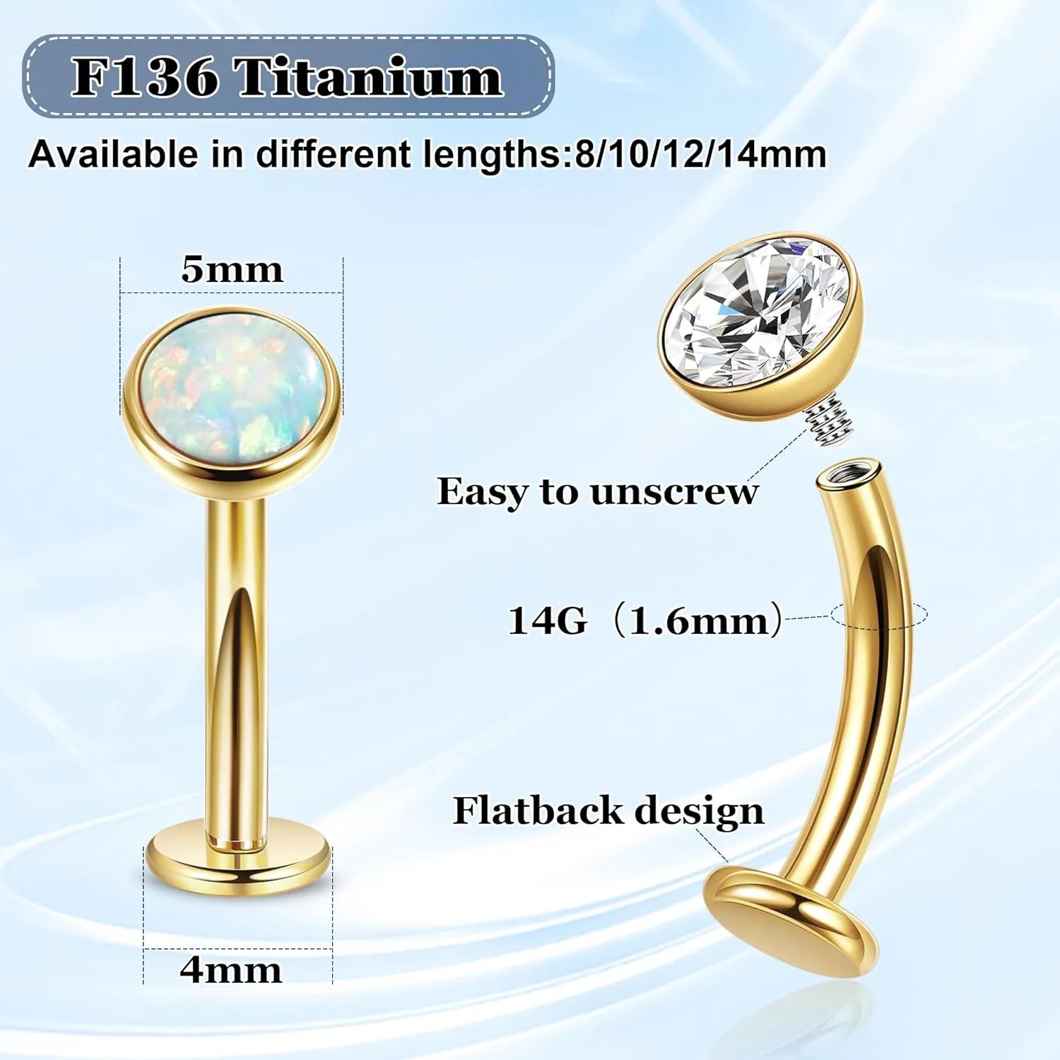 REVOLIA 2Pcs 14G F136 Titanium Floating Belly Button Rings for Women Flat Back CZ Belly Rings Opal Curved Navel Rings Disc Bottom Belly Piercings Jewelry 8/10/12/14mm